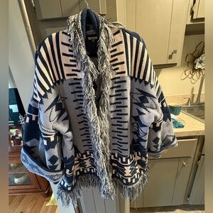 POL Blue and Cream Textured Poncho